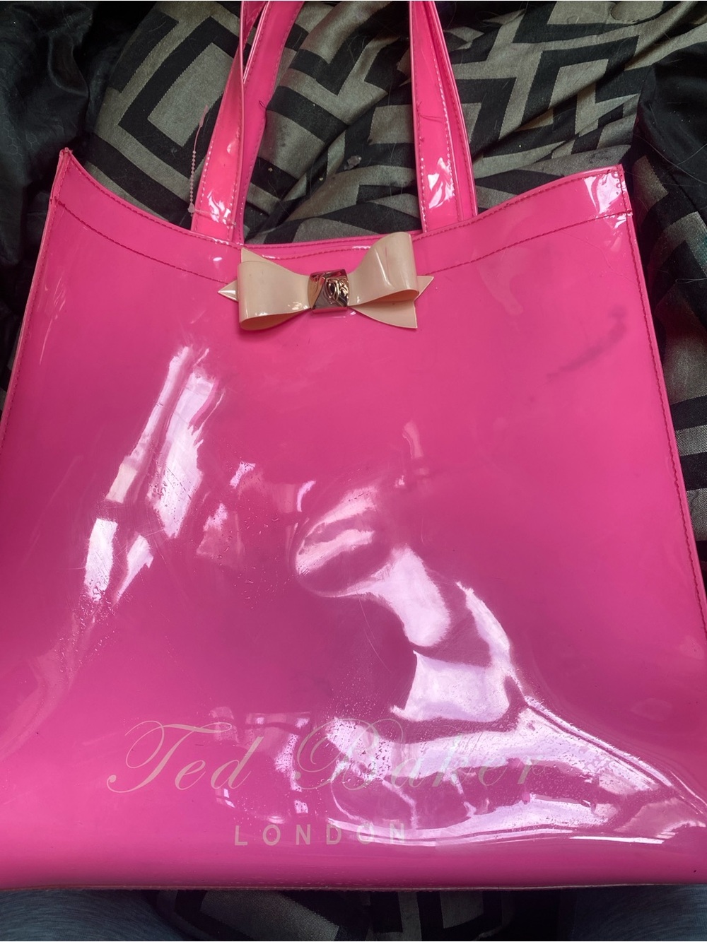 Ted Baker Hot Pink Patent Tote with Beige Bow Accent
